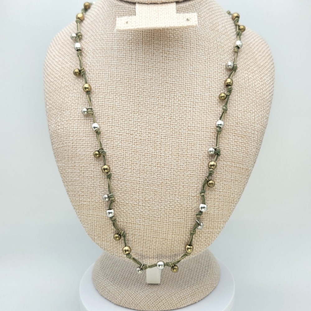 New! CHICO'S Besar Long Necklace‎ Brass Bead Green Cord Hand Tied 40" New W Tags